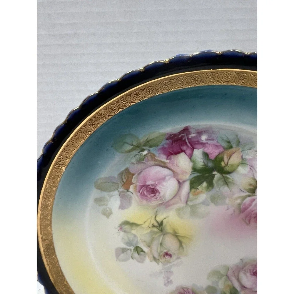 Vintage Hand Painted Porcelain Blue Bright Plate Roses Gold Gilt Scalloped Edge